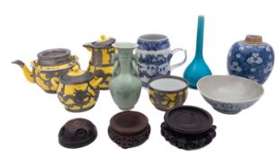 A group of Oriental ceramics including a yellow-ground four piece pewter-mounted tea service;
