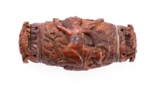 A Continental treen snuff box carved in high relief with mythological figures,
