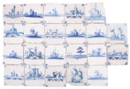 A group of twenty-two Dutch and English blue and white delftware tiles painted predominantly with