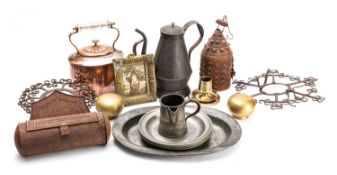 A collection of domestic metalware,