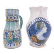 An Italian maiolica baluster 'portrait' jug and a Moroccan pottery jug the first 20th century in