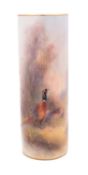 A Royal Worcester cylindrical vase painted by James Stinton with a cock and hen pheasant in a