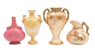 Four pieces of Royal Worcester porcelain, comprising a two handled vase with pierced neck,