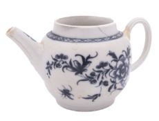 A Plymouth blue and white small teapot painted with peony sprays, a lattice border around the rim,