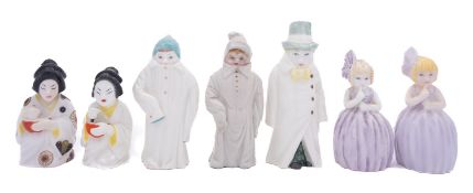 Seven Royal Worcester reissued candle extinguishers, comprising a two Hush, two Japanese Girl,