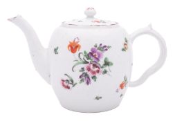 A Champion's Bristol barrel-shaped teapot and cover with bun finial and ear-shaped handle,