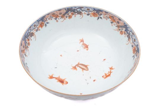 A large Chinese Imari punch bowl, Qianlong the interior painted with four swimming carp, - Image 2 of 2