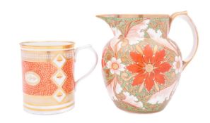 An early 19th century English porcelain jug and a similar Worcester mug both decorated in the Imari