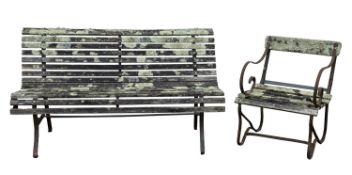 A wrought iron and slatted wood garden bench, 20th century, 80cm high,