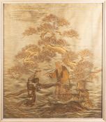 An Oriental silk embroidered panel depic