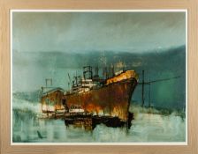 *Anthony Amos (British, 1950-2010) - Laid-Up (Ships on the Fal) - Oil on card - 76.