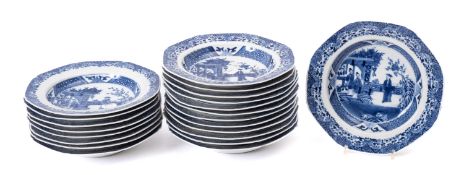 Twenty two Chinese porcelain bowls of shallow octagonal form painted in blue with a figure and a