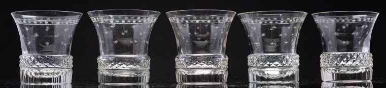 A suited five. 'To the last drop' tumblers.