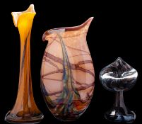 Three Kaysersberg studio glass vases of varying form, tallest, 41.5cm, each with paper label.