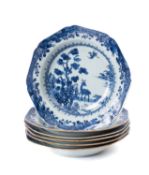 Six Chinese porcelain bowls of octagonal form painted in blue with two deer and a pair of cranes in