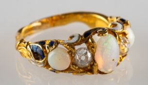 An antique renaissance revival opal, diamond and enamel ring,