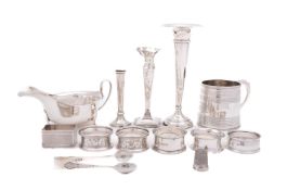 A mixed group of silver including; a George III silver christening mug probably by John Jones III,