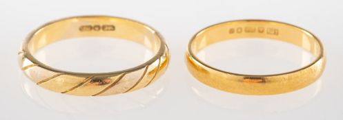 Two wedding bands, including a twist designed band, partial UK hallmark, 750, size N1/2, 3.