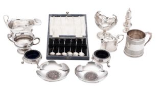 A mixed lot of various silver, to include a pair of George III salts (blue glass liners),