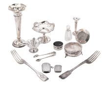 A mixed lot of silver, to include a pair of table forks, 2 vesta cases, 2 vases (loaded bases),