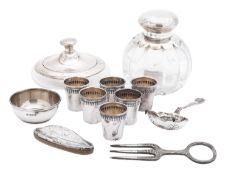 A mixed lot of silver etcetera, to include a glass mounted dish, a glass mounted bottle,