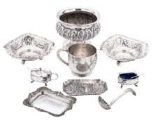 A small mixed lot of silver, to include a pair of bonbon dishes, an embossed pin tray, initialled,