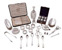 Miscellaneous silver & silver plated wares, to include 5 teaspoons, a pair of sugar tongs,