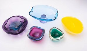 Five pieces of cased and other art glass comprising four bowls and a comport.