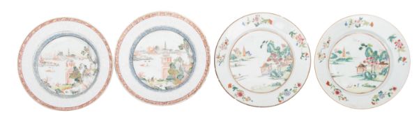 Two pairs of Chinese famille rose and verte/imari plates,