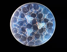 An Arrers opalescent pressed glass dish, the exterior moulded with hazelnuts,