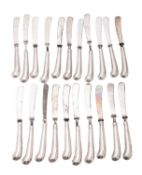 Twenty-one George V silver handled pistol-grip dessert knives, with steel blades, (A/F),