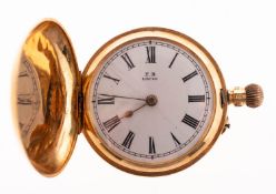 An 18K gold full-hunter pocket watch the round white enamel dial having black Roman numerals,