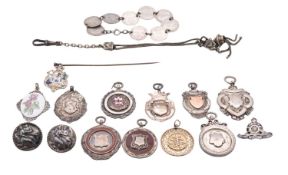 Eight silver fob medals, three with enamelled decoration and all but three inscribed,
