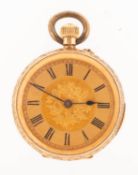 An 18K gold open-faced pocket watch the engraved gold dial having black Roman numerals,