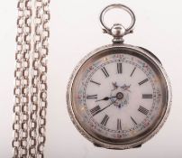 A silver pocket watch the white enamel dial having black Roman numerals,