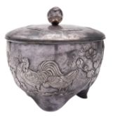 A Meiji period Japanese silver box & cover, circular form,