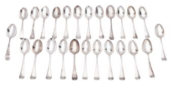 Twenty-five 18th century silver dessert spoons, Hanoverian pattern,