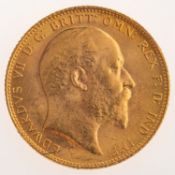 An Edward VII Sovereign, bare bust, reverse.