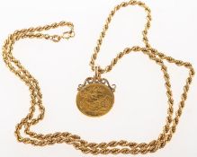 A rope twist chain and half sovereign pendant, the rope twist ring with bolt ring fitting,