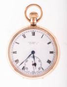 J W Benson a 9k gold open-faced pocket watch the white enamel dial having black Roman numerals,