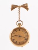 A lady's 18K gold open-faced pocket watch with a 9K gold bow the gold dial with matted and engraved