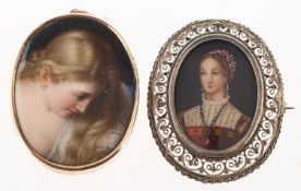 Two portrait miniatures, including a Continental portrait miniature of a lady in a red dress,