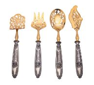 A 19th century cased Belgian four-piece parcel-gilt silver hors d'oeuvre/ dessert serving set,