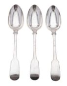 A William IV set of three provincial silver dessert spoons, Fiddle pattern,