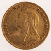 A Queen Victoria Half Sovereign, old veiled bust, reverse.