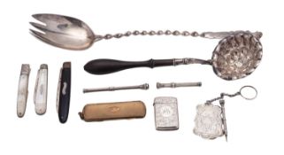 A mixed lot of silver etcetera; a continental sifter ladle,