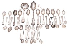 Miscellaneous silver flatware, comprising of a tablespoon, a sauce ladle, 18 teaspoons,