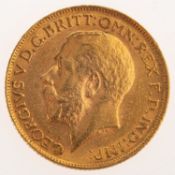 A George V Sovereign, bare bust, reverse.