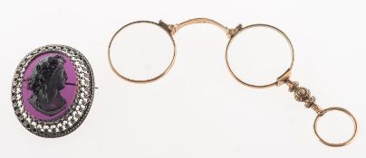 A pair of Victorian Lorgnette spectacles and a cameo brooch,