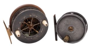 A 3 3/4 inch Coxon type brass, alloy and mahogany center pin star back reel, unsigned ,